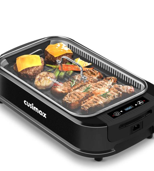 CUSIMAX Smokeless Indoor Electric Grill with Glass Lid & LED Display
