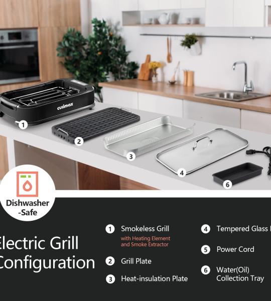CUSIMAX Smokeless Indoor Electric Grill with Glass Lid & LED Display