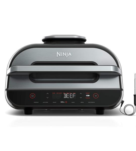 Ninja Foodi Smart XL 6-in-1 Indoor Grill & Air Fryer – Roast, Bake, Broil, Dehydrate – Smart Thermometer, Black/Silver (FG551