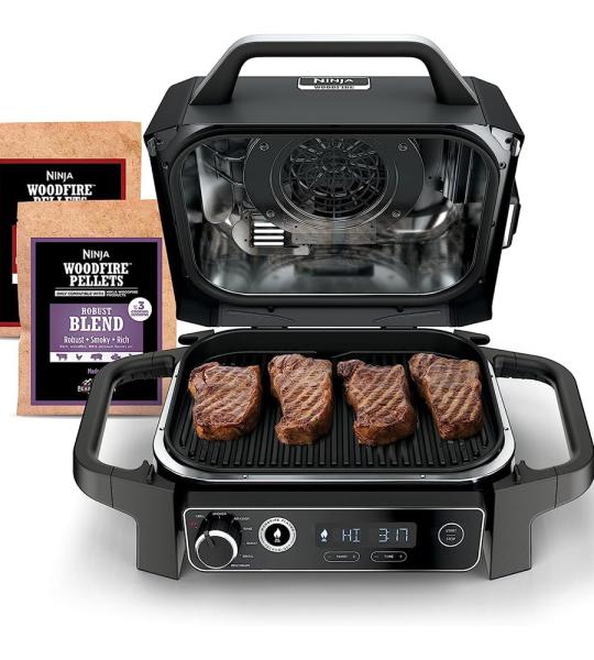 Ninja OG701 Woodfire Electric Grill & Smoker – 7-in-1 Pellet Grill, Air Fryer – Portable, Grey (Renewed)"